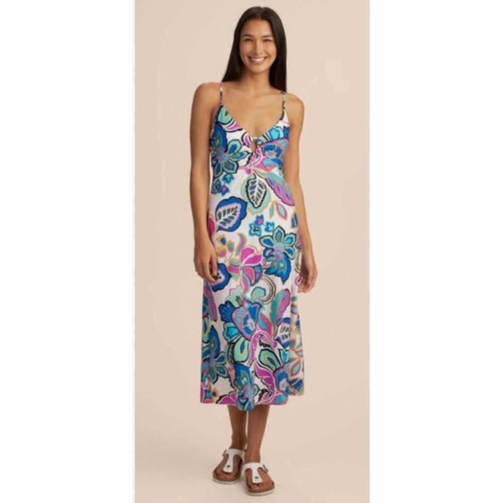 Trina Turk Mandalay Bay Swim Cover Dress Large Blue Floral Midi Stretch